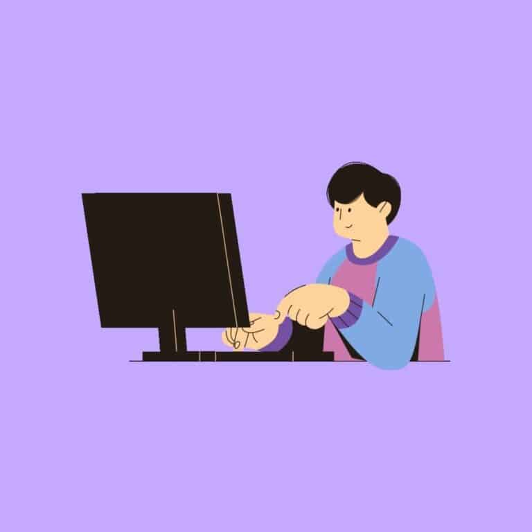 Persona frente a un ordenador en un fondo morado, realizando una actividad digital.