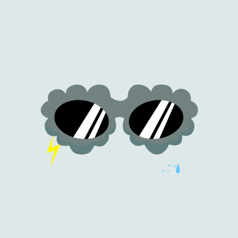 Gafas de sol con nubes, un rayo y gotas de lluvia sobre fondo claro.
