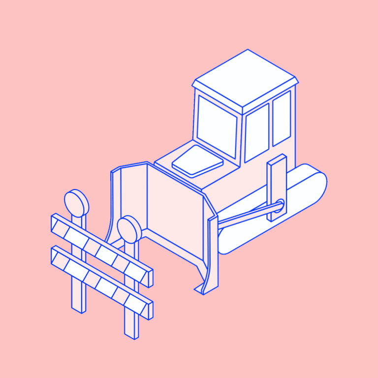 Dibujo de un vehículo pesado con barreras de seguridad en un fondo rosa.