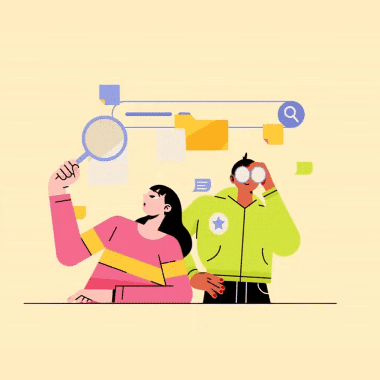 Dos personas observan pantallas y elementos gráficos, simbolizando diseño UX y UI en un entorno digital.