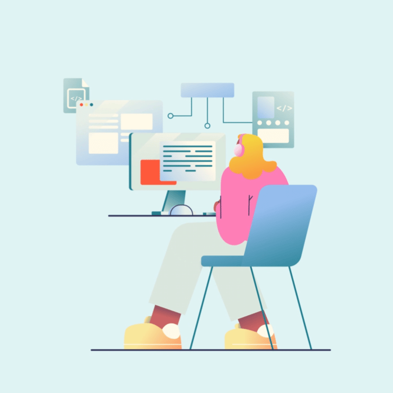 Persona sentada frente a una computadora con elementos gráficos y digitales alrededor, trabajando en contenido creativo.