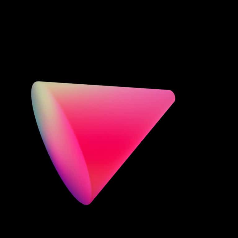 Triángulo tridimensional con degradado de colores rosa y amarillo sobre fondo negro.