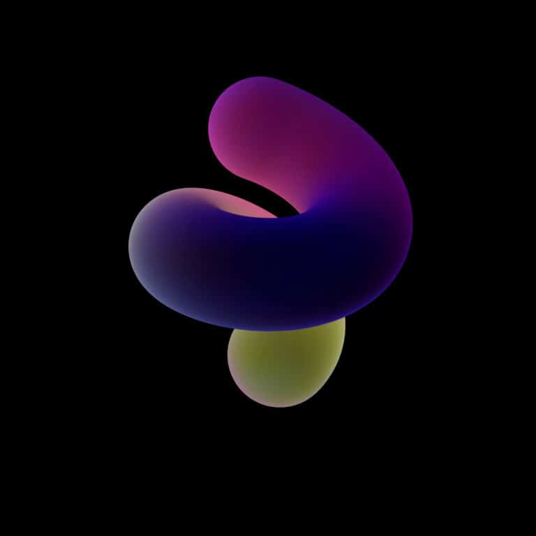 Forma abstracta tridimensional con degradados en tonos morados, rosas y verdes sobre fondo negro.