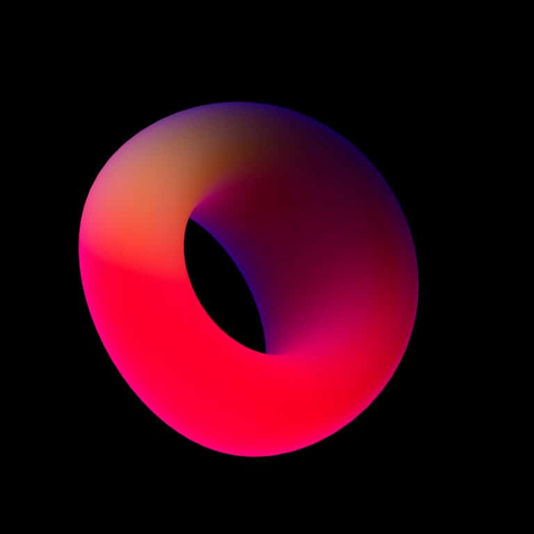 Toroide con degradado de colores cálidos sobre fondo negro, diseño abstracto y moderno.