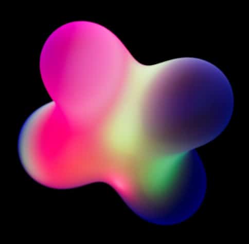 Forma abstracta tridimensional con degradados de colores neón sobre fondo negro.
