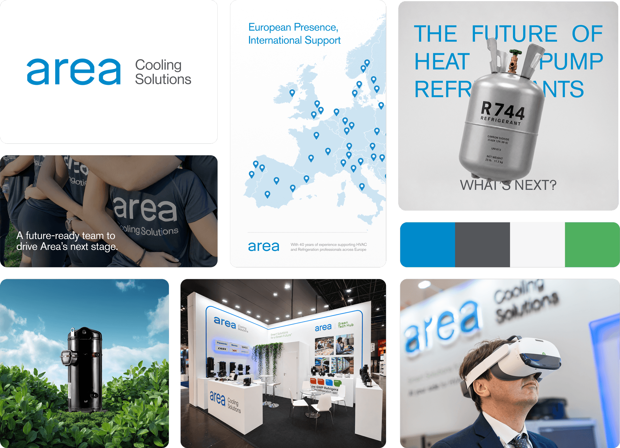 Collage showcasing Area Cooling Solutions' branding, technologies, and team activities.
