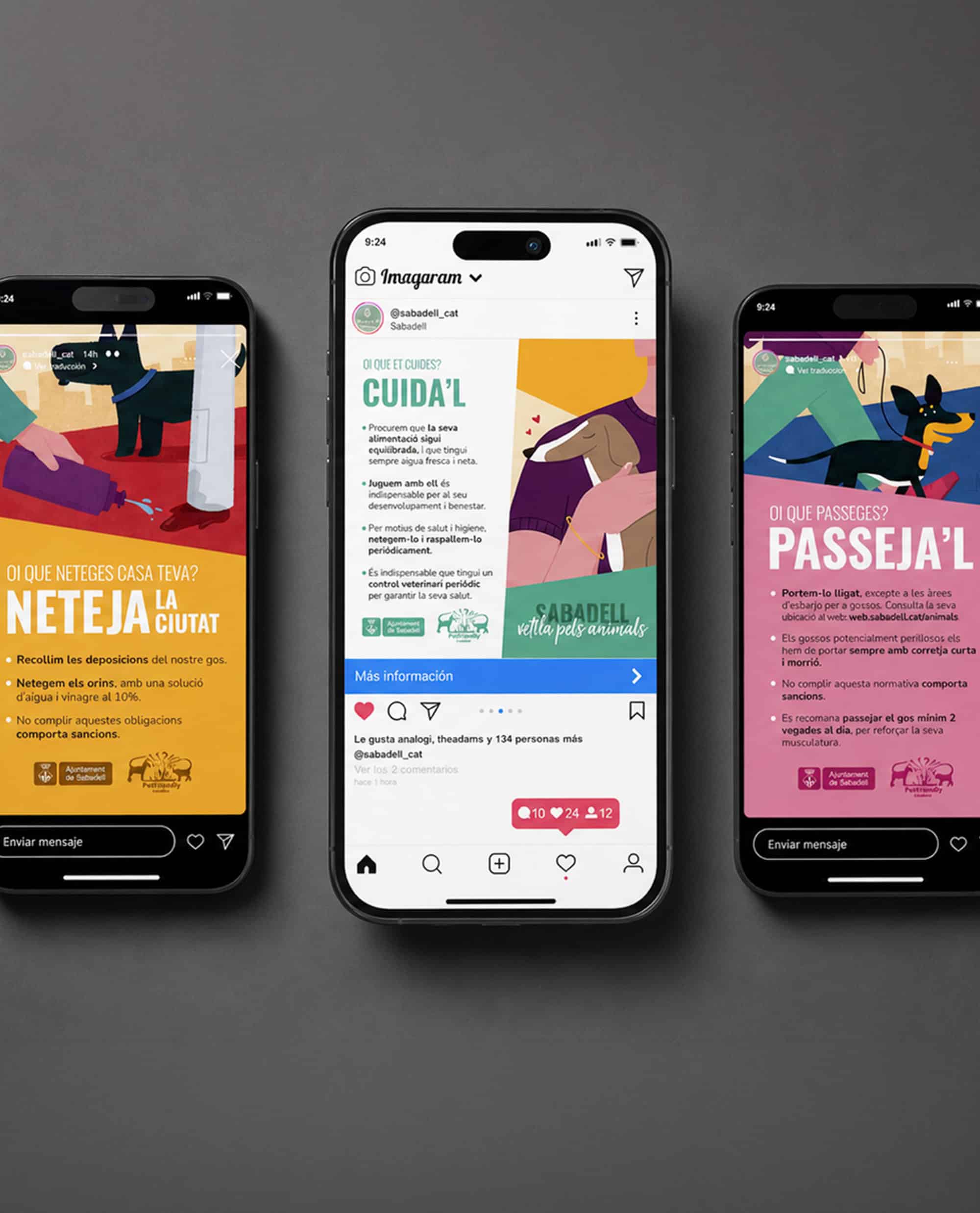 Diferents publicacions d'Instagram sobre cura i neteja a Sabadell en mòbils.