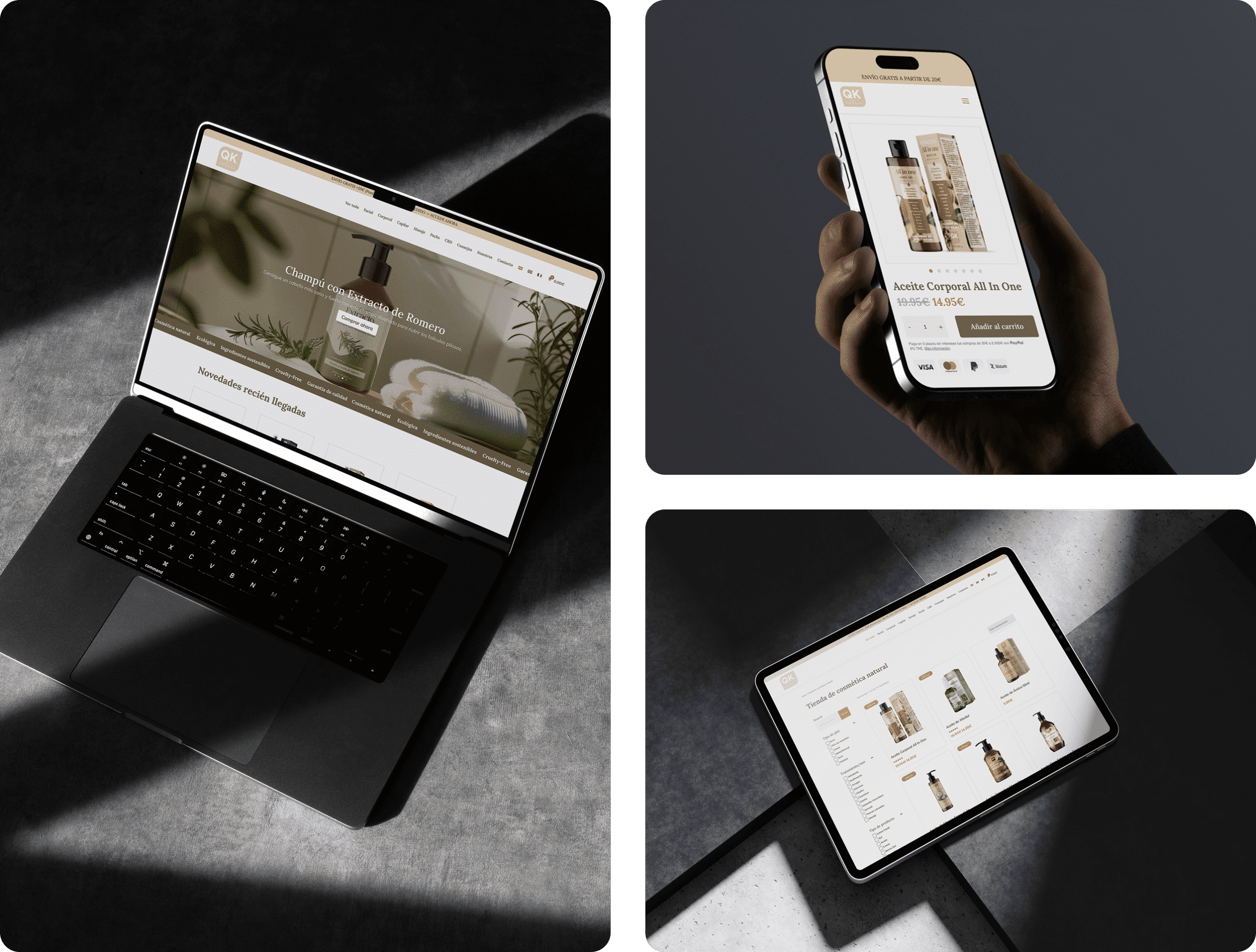 Portàtil, telèfon i tauleta mostrant el mateix lloc web de productes de bellesa.