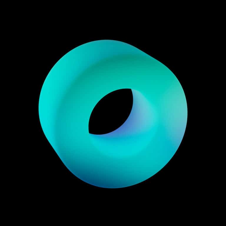 Forma geométrica toroidal azul sobre fondo negro, diseño abstracto y moderno.