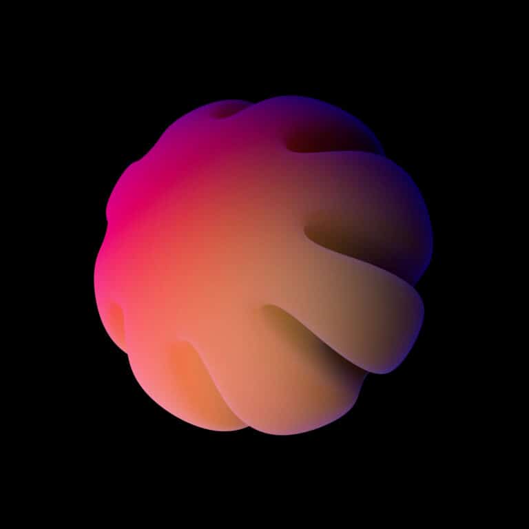 Forma abstracta tridimensional con degradado de colores cálidos sobre fondo negro.